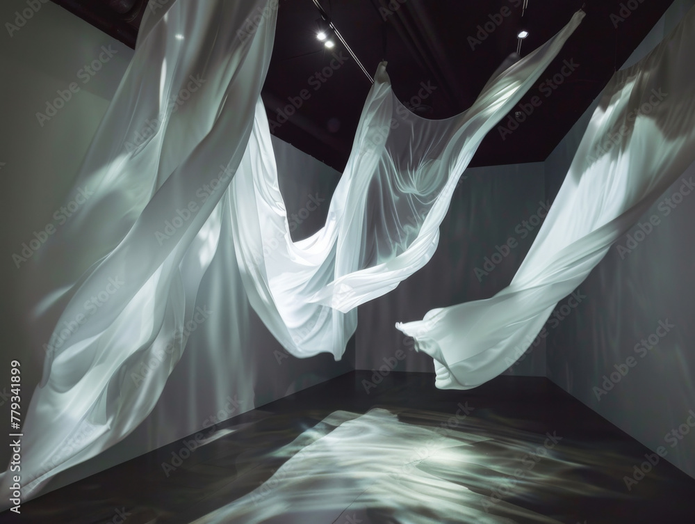Abstract art installation with floating fabrics and light projections ...