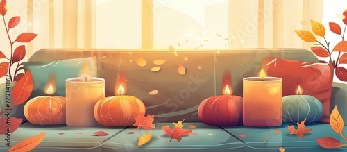 The couch is decorated with orange pumpkins and flickering candles, creating a warm and cozy atmosphere with natural foods and lighting