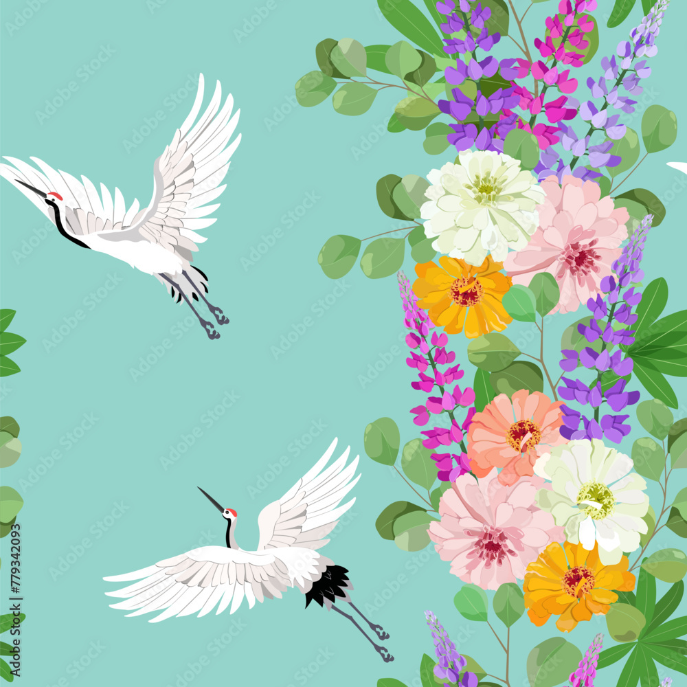 Fototapeta premium Seamless background with lupine, chrysanthemum and cranes