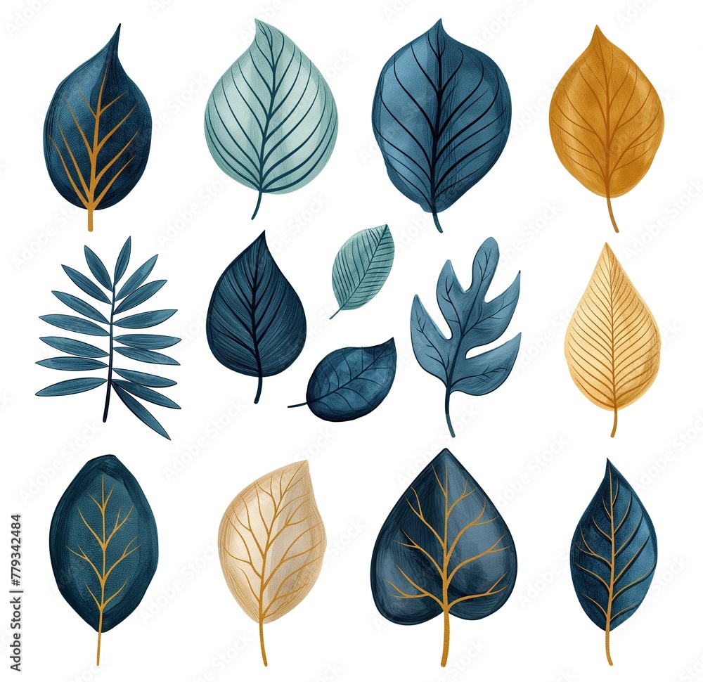 A collection of blue and yellow leaves