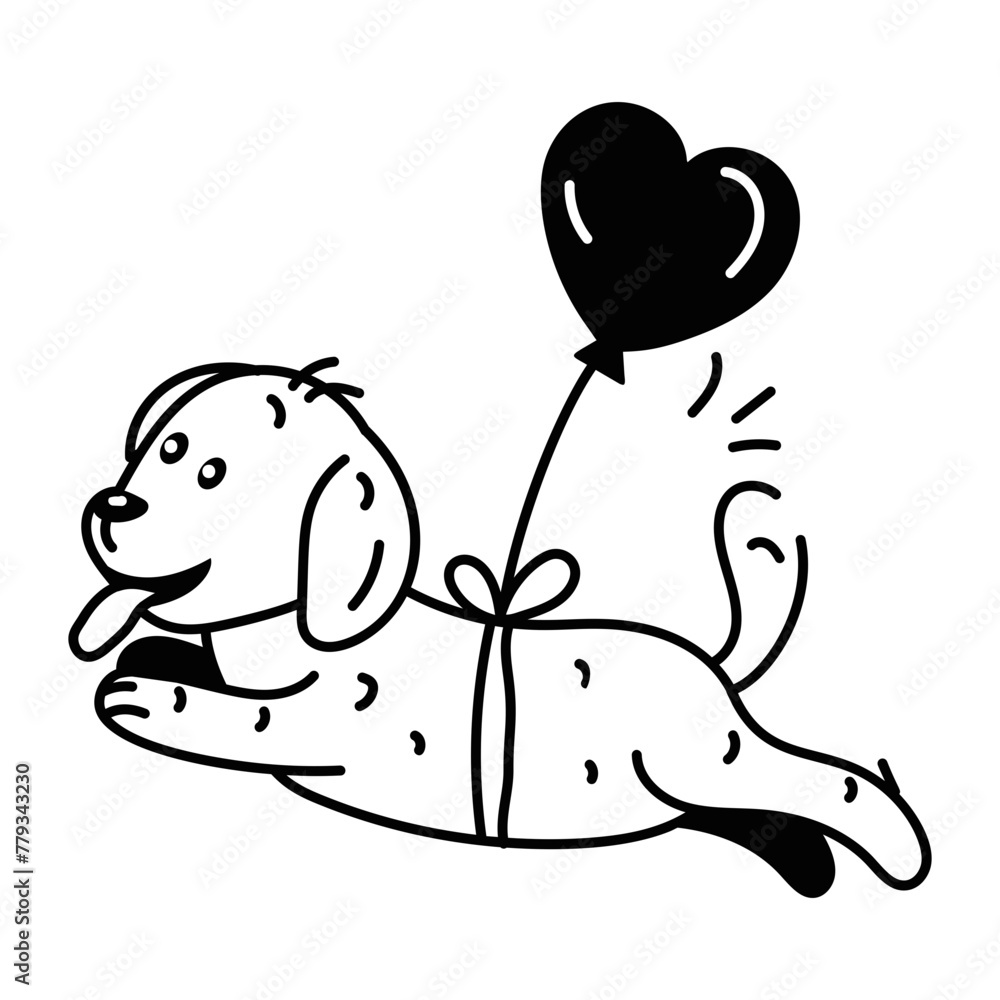 Flying dog with heart balloon, glyph style icon Flying dog with heart balloon, glyph style icon
