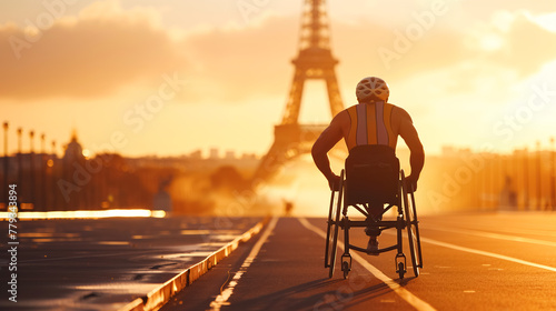 A man athlete in a wheelchair enjoys the sunset overlooking the Eiffel Tower, dreaming of winning a sports competition. Paralympic Games, Championship, Olympics