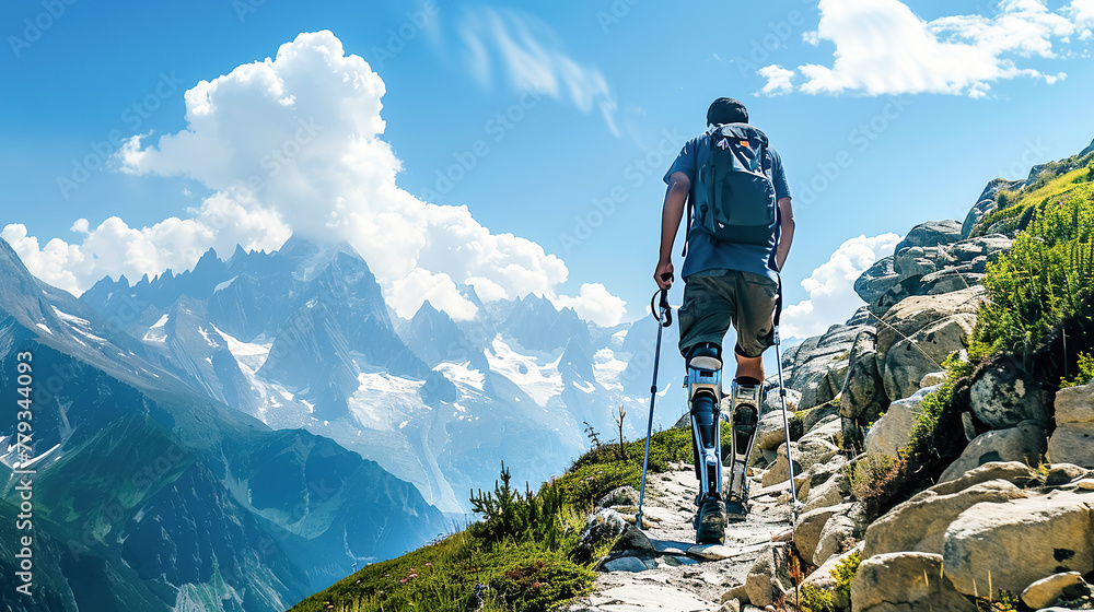 Brave hiker with prosthetic legs, backpack and trekking poles overcomes mountain trail, embodying resilience and strength. Active lifestyle with disability, movement perseverance, adventure, travel