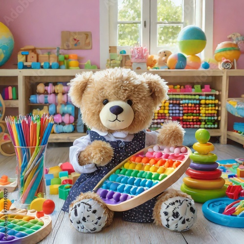 teddy bear on the couch.a baby kids toy background filled with a variety of toys, including a teddy bear, wooden and musical toys, an abacus, a plane, pop it fidget toys, and colorful blocks, all set 