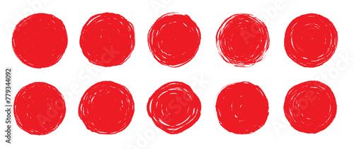 Brush red stroke circle japan sun frame. Hand drawn rough scribble texture effect red circle. Grunge crayon japanese flag stamp. Pencil, marker stroke paint. Vector illustration © Polina Tomtosova