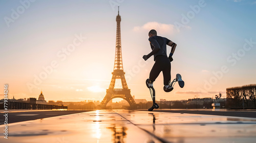 A runner with prosthetic limbs jogs near the Eiffel Tower. Movement and perseverance, determination to win. Paralympic sports games, competitions, Olympics © ximich_natali