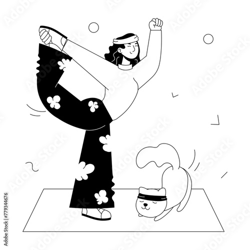 Girl doing stretching exercise, doodle mini illustration