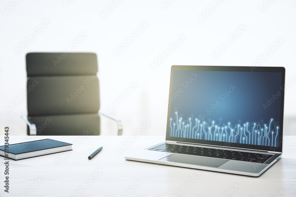 Creative abstract micro chip hologram on modern computer monitor, artificial intelligence and machine learning concept. 3D Rendering Creative abstract micro chip hologram on modern computer monitor, artificial intelligence and machine learning concept. 3D Rendering