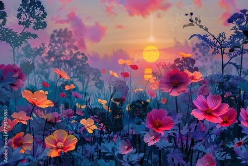 A garden where the flowers sing at dawn, petals vibrating with melodies , 2D illustration