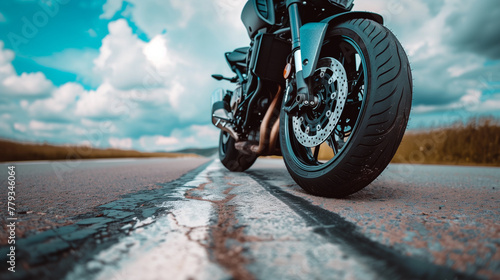 low angle view of a sports bike on road photo