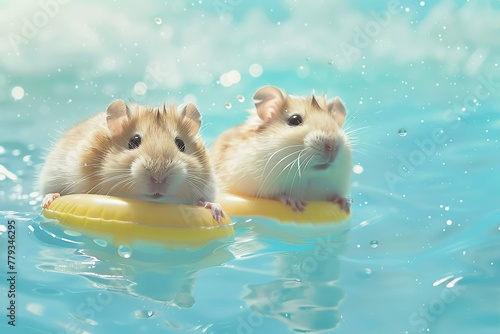 Hamsters Swimming, Summer theme, 2D illustration, isolate on soft color background
