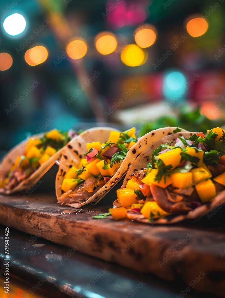Crispy duck tacos with a vibrant mango salsa, street lights twinkling  Composition Rule of Thirds  Lighting Neon lit  Time Night  Location Urban Street Stall