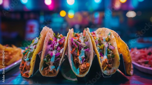 Low Angle Genre Fusion Emotion Bold Scene Kimchi tacos, vibrant fillings visible, street vibes Composition Negative Space Lighting Neon lights Time Night Location Urban Eatery