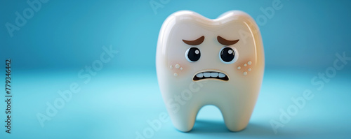 Cartoon character sad yellow bad tooth on blue isolated background