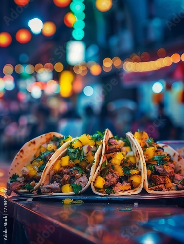 Street Food Emotion Euphoric Scene Crispy duck tacos with a vibrant mango salsa, street lights twinkling Composition Rule of Thirds Lighting Neon lit Time Night Location Urban Street Stall