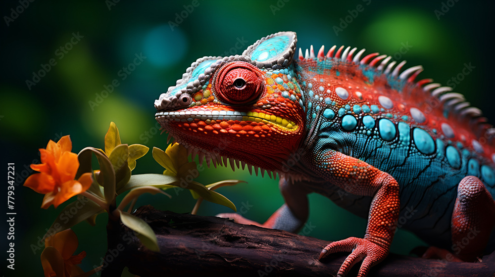 Obraz premium Colorful chameleon on a branch in the forest