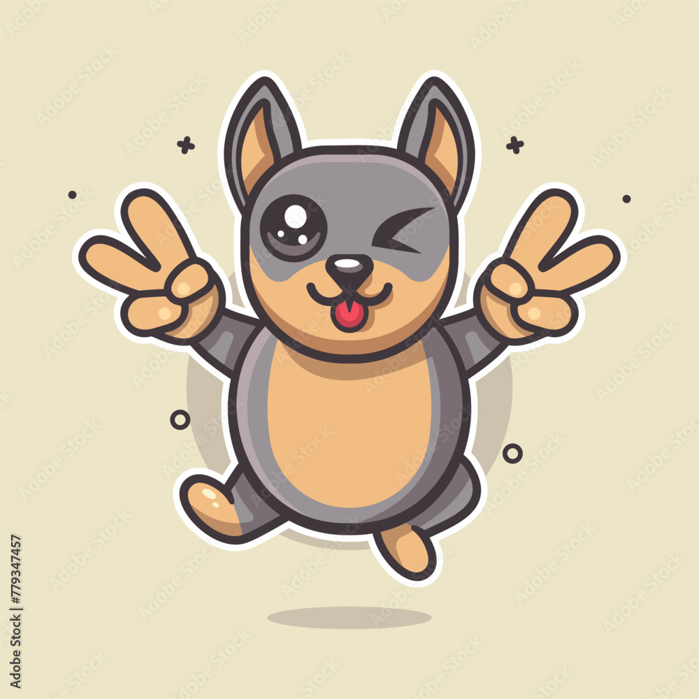 jumping doberman dog animal character mascot with peace sign hand gesture isolated cartoon 