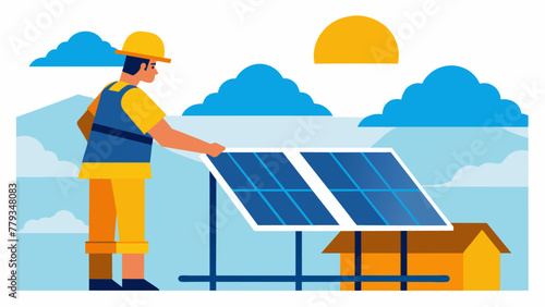 A worker in a hard hat and safety harness checking and adjusting solar panels on the factory roof to optimize the facilitys renewable energy