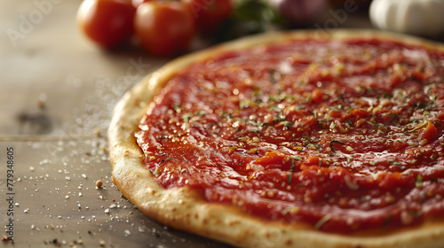 Classic Marinara pizza with garlic and oregano on thin crust, Lara Ferroni style, soft light, pastel backdrop, off-center dynamic composition.
