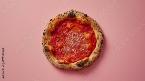 Classic Marinara pizza with garlic and oregano on thin crust, Lara Ferroni style, soft light, pastel backdrop, off-center dynamic composition.
