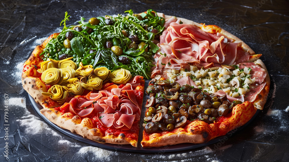quattro-stagioni-pizza-with-seasonal-toppings-on-modern-surface