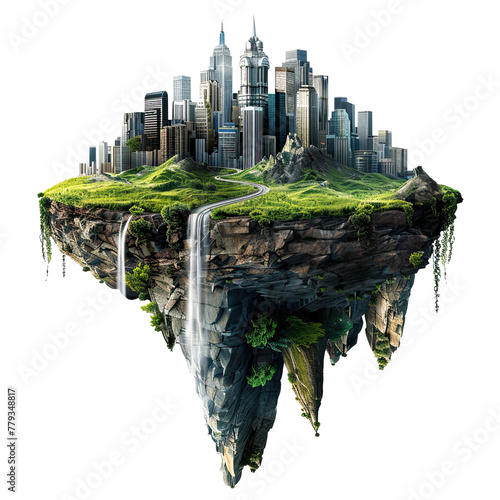 3d illustration modern city skyscrapers floating with beautiful landscape waterfalls on the patch of land, isolated on white background, png
