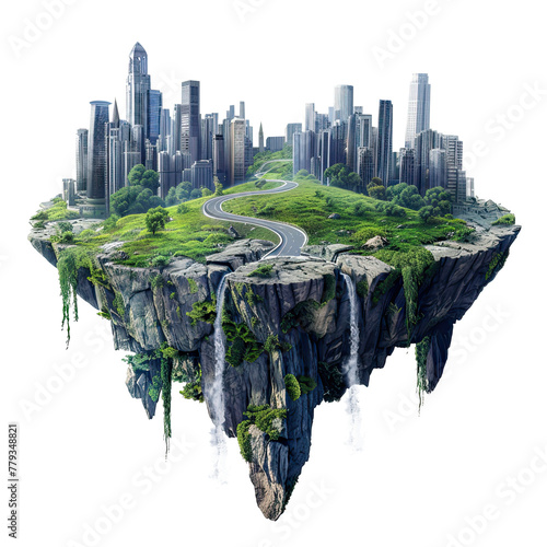 3d illustration modern city skyscrapers floating with beautiful landscape waterfalls on the patch of land, isolated on white background, png