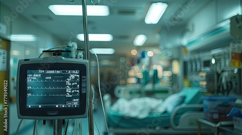 A close up shot of a vital check monitor indicating a patient is dead in a hospital,  photo