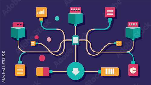 An array of interconnected wires and cables representing the communication and data transfer between the physical and virtual factory in digital