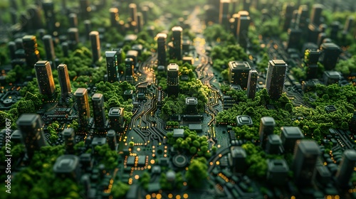 green electronics and eco friendly digital infrastructure. Smartcity, society 5.0, communication technology, Autonomous roads, metropolitan IT development, digital infrastructure
