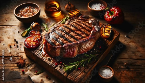 Grilled Steak on Wooden Board with Vegetables generative AI