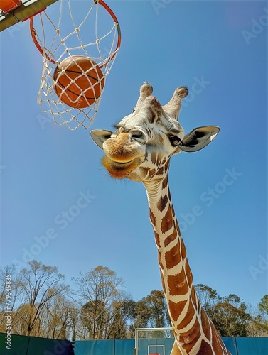 A giraffe playing basketball.