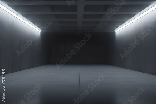 Dimly Lit Concrete Tunnel with Recessed White LED Lighting in Futuristic Industrial Hallway Setting © yelosole