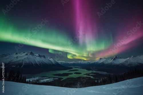 colorful northern lights in the mountains and lake