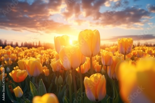 Field of tulips on sunset background