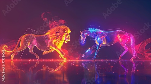 Electric Roar  Lion vs. Horse in a Neon Tech Jungle.
