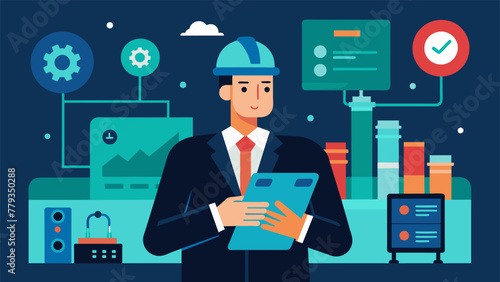 A factory floor manager consults a futuristiclooking tablet which displays live updates from an AIpowered predictive ytics system providing