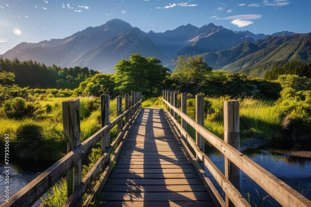 A wooden bridge crosses a river, with mountains and greenery on both sides, under the bright sun that casts long shadows across the landscape.