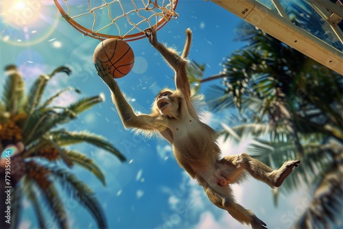 A monkey playing basketball in a tropical setting. photo