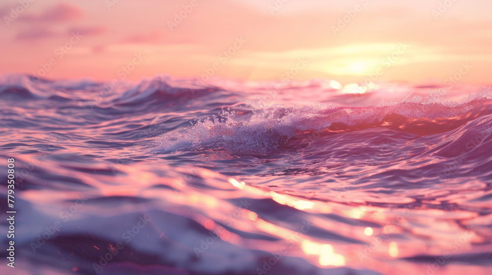 Waves on the sea in closeup, with a pink sunset in the background.