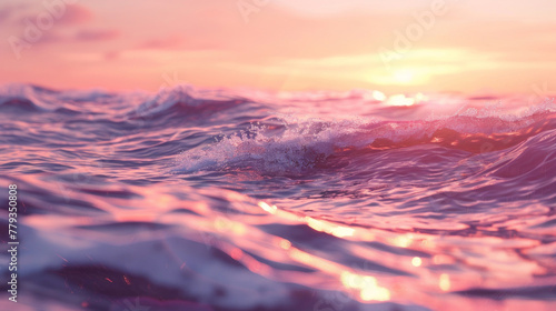 Waves on the sea in closeup  with a pink sunset in the background.