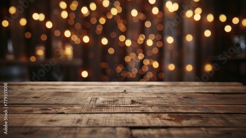 An empty wooden tabletop, suitable for product display montage, against a blurred background of string lights in the dark night.