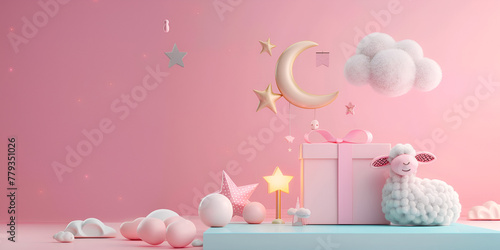 A pink room with stars and moon on the wall background