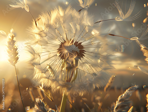 One dandelion, very large, bathed in the rising sun.