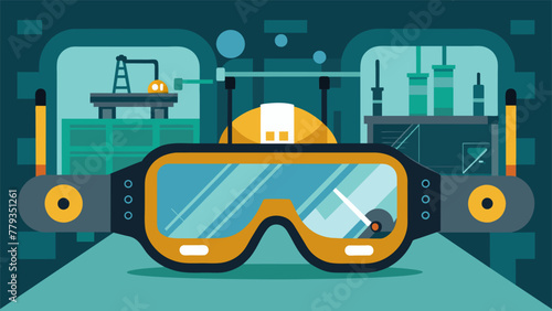 Macro shot of a pair of safety goggles equipped with AR technology showing realtime guidance for workers on a complex assembly line.