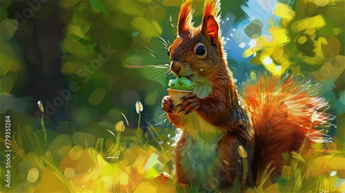 A squirrel eating an ice cream cone in a lush green forest.
