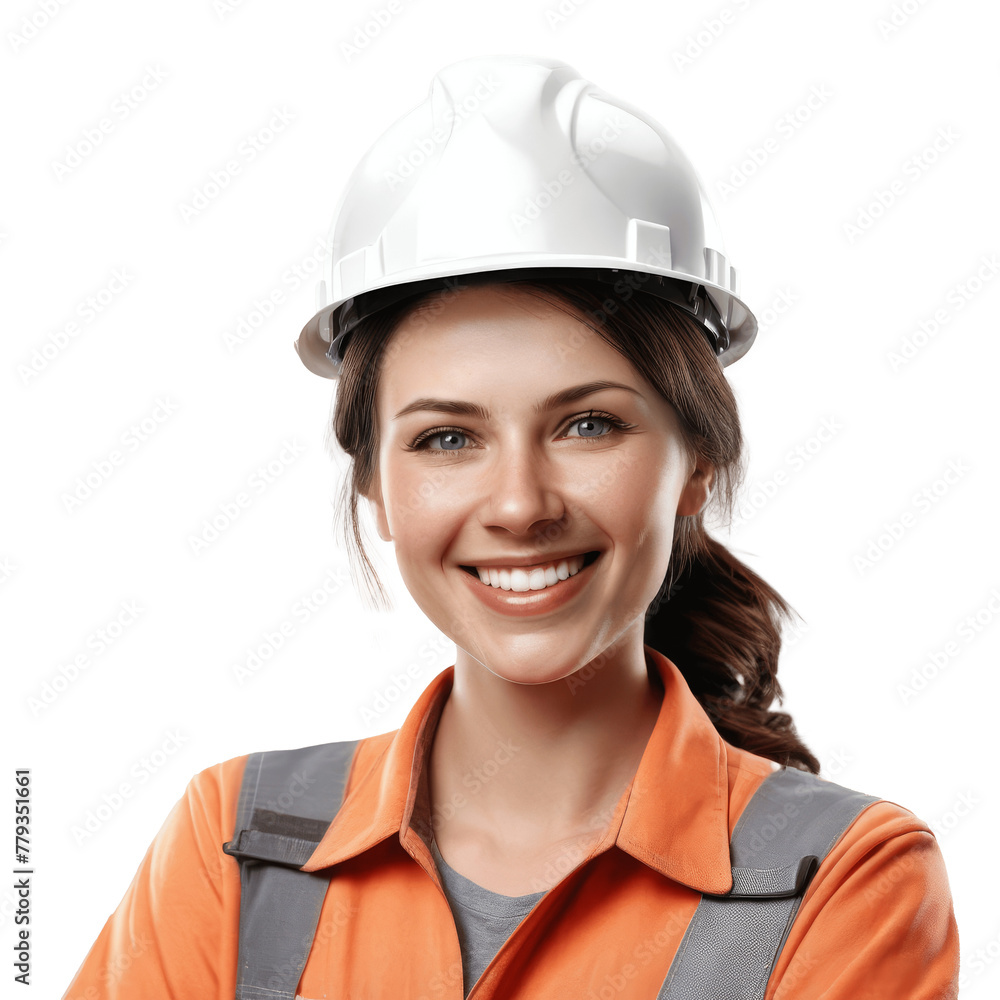 smiling female construction worker wearing white helmet isolated on transparent background smiling female construction worker wearing white helmet isolated on transparent background