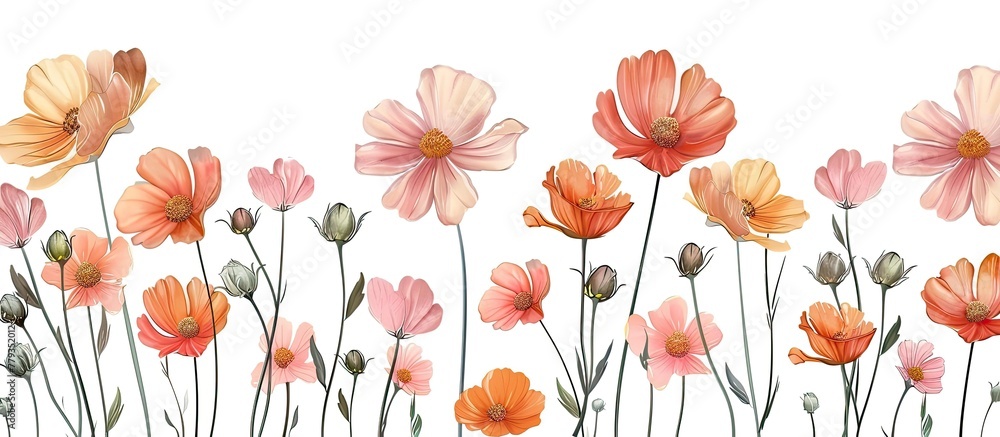 Obraz premium An arrangement of pink and orange flowers displayed on a white background. The vibrant colors of the flowering plants create a beautiful natural landscape, resembling a piece of art