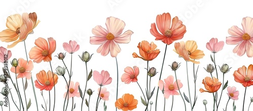 An arrangement of pink and orange flowers displayed on a white background. The vibrant colors of the flowering plants create a beautiful natural landscape, resembling a piece of art © AkuAku