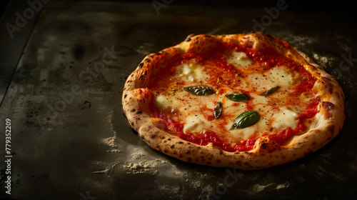 Classic Margherita pizza with fresh mozzarella, tomato sauce, and basil on a vintage wooden table.
